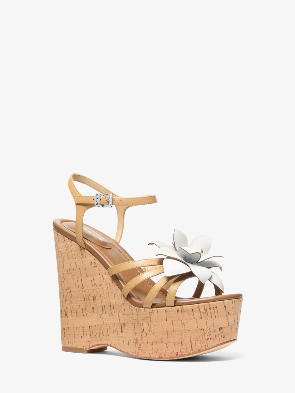 Michael Kors Jacie Tan Cork Platform Wedge Sandals with White Floral Accent
